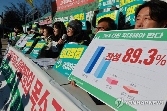 17일 오전 서울 국회 앞에서 보건의료노조 관계자들이 의사 집단 진료거부 관련 여론 조사 및 인력 실태조사 결과 발표 기자회견을 열고 발언하고 있다.<사진: 연합뉴스>